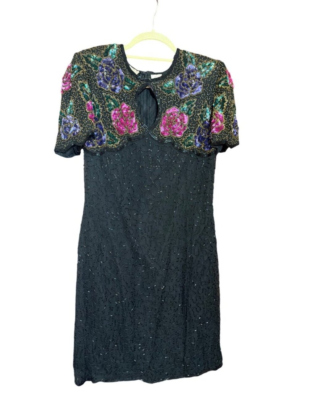Vintage Night Vogue Black Silk Beaded Dress Sequin Flowers Keyhole Cutout Sz M
